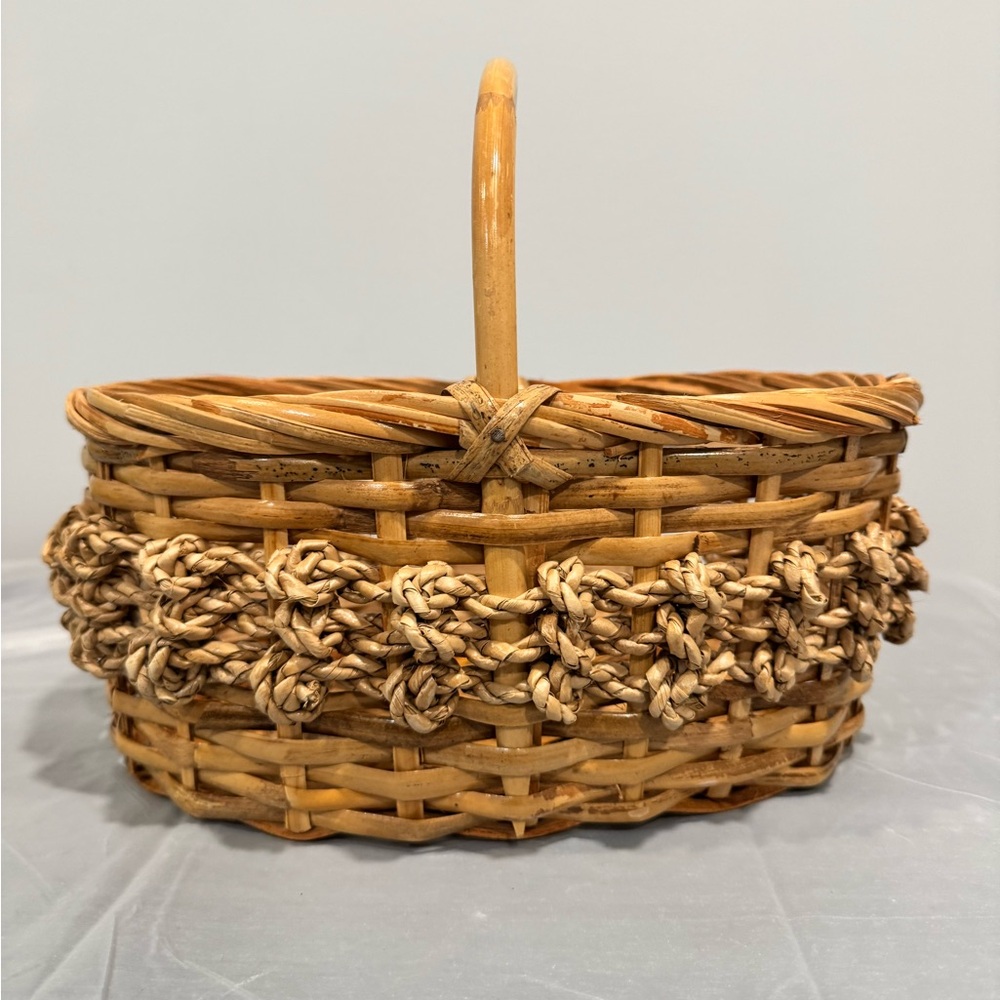 Vintage Wicker Basket with Handle & Braided Band | Cottage Farmhouse Decor
